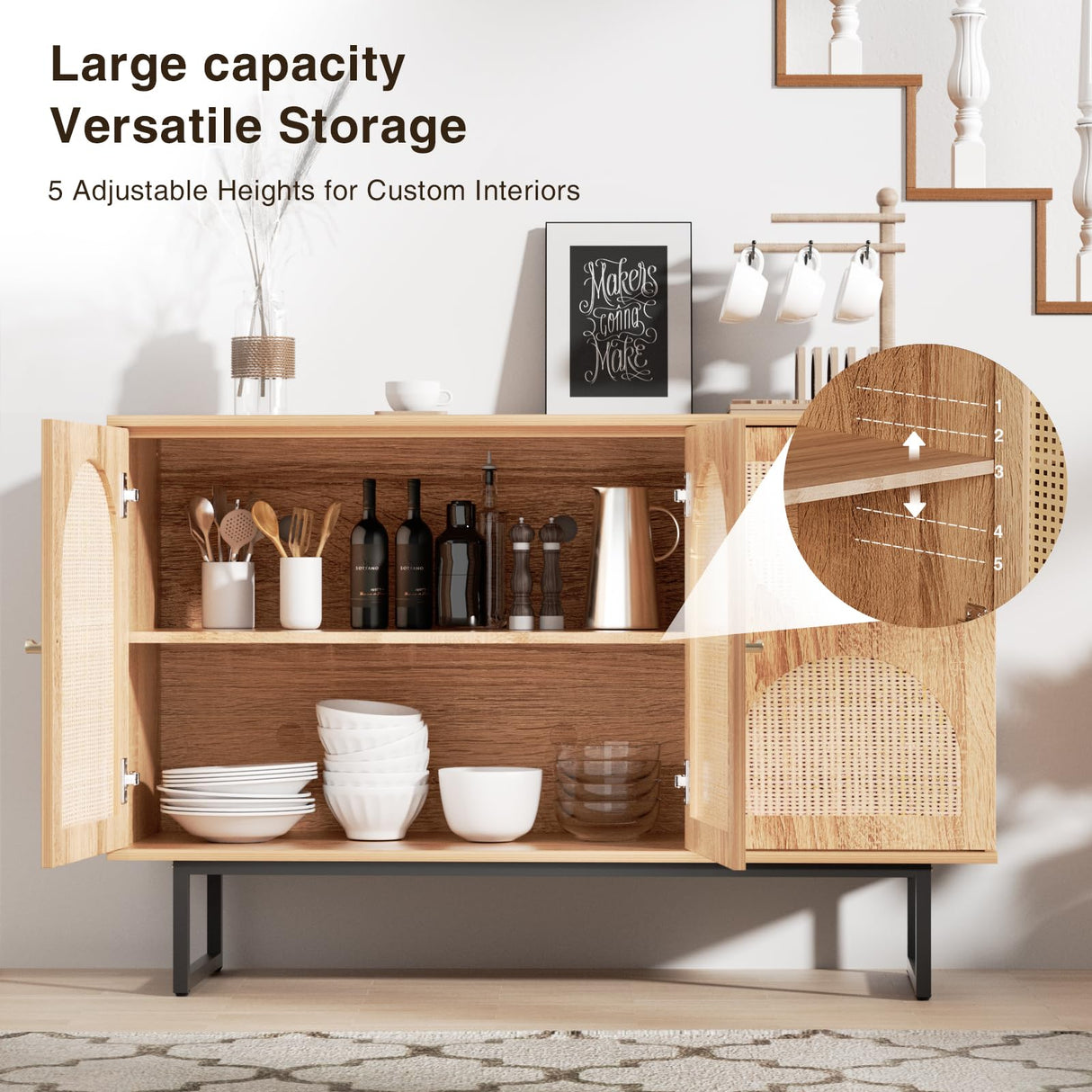 Rattan Sideboard Buffet Cabinet with Storage, Boho Farmhouse Wood Storage Cabinet with 3 Arched doors, Rattan Entryway Table Console Credenza TV Stand for Living Room, Dining Room, Kitchen, Hallway FiveWillowise