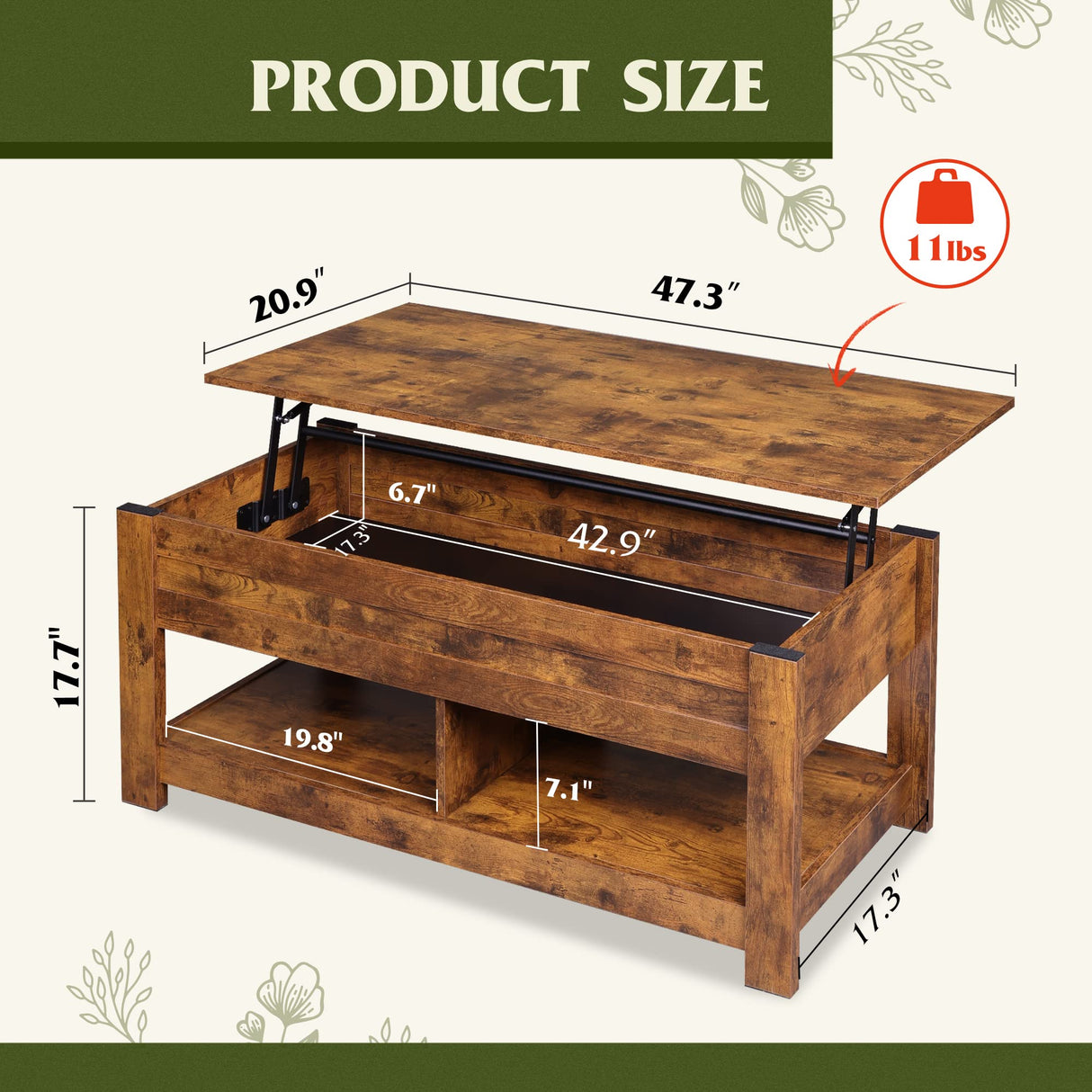 WLIVE Coffee Table, 47" Lift Top Coffee Table with Hidden Compartment and 2 Storage Shelves for Living Room, Rustic Brown WLIVE