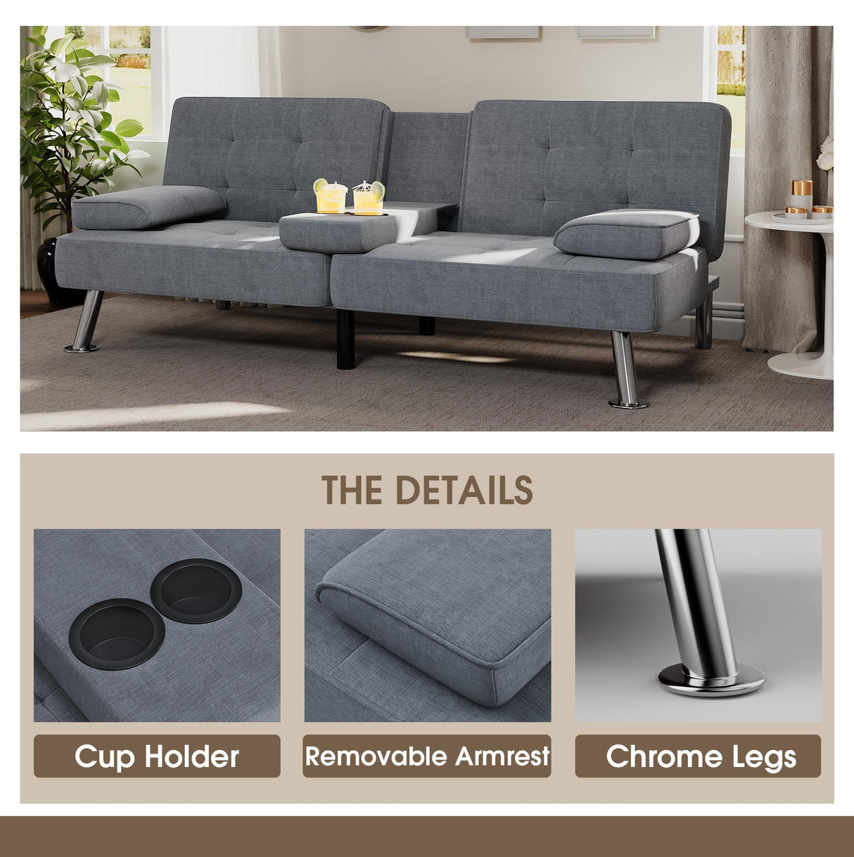Flamaker Futon Sofa Bed Modern Folding Futon Set Linen Fabric Convertible Recliner Lounge for Living Room with 2 Cup Holders, Removable Armrests (Fabric, Grey) Flamaker