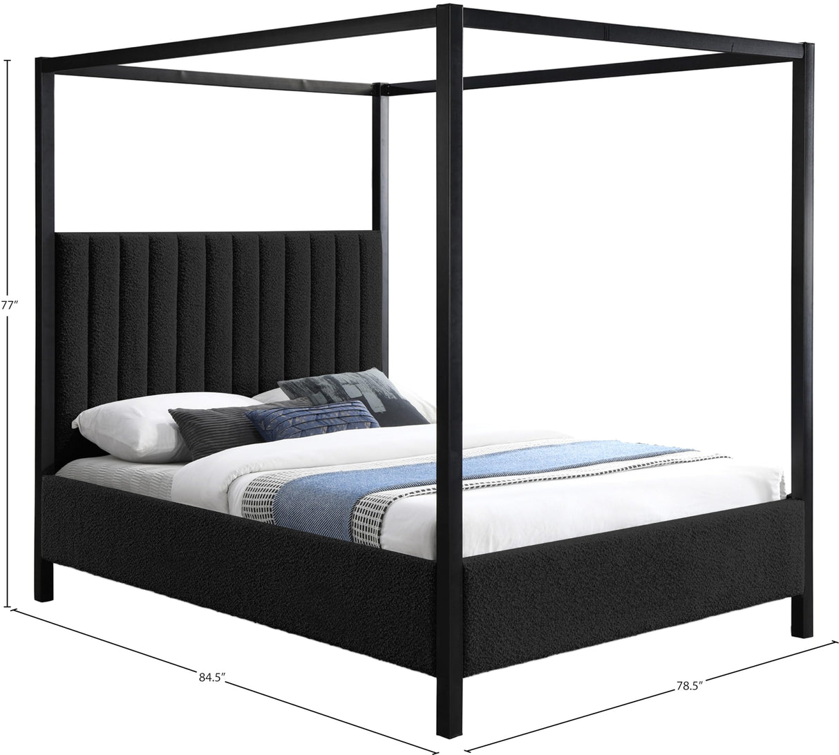 Meridian Furniture KellyBlack-K Kelly Collection Modern | Contemporary King Bed with Rich Black Boucle Fabric, Matte Black Iron Metal Frame Canopy, 78.5" W x 84.5" D x 77" H, Black, King Meridian Furniture