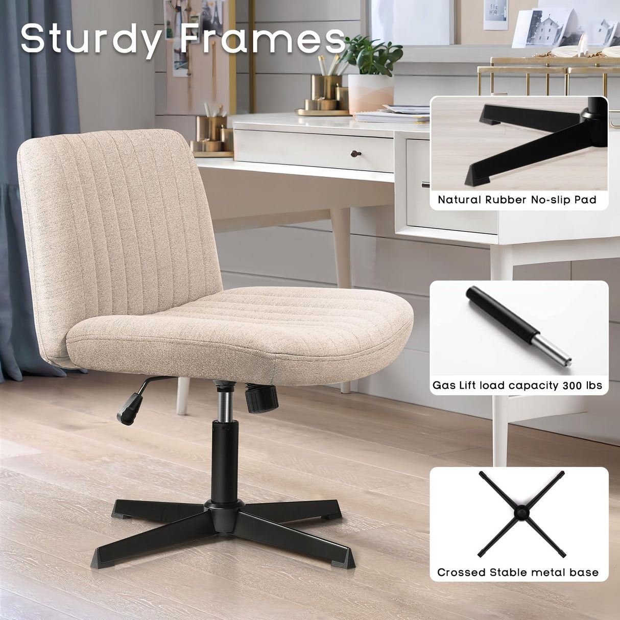PUKAMI Criss Cross Chair,Comfy Cross Legged Office Desk Chair No Wheels,Cute Makeup Vanity Chair,Fabric Modern Swivel Height Adjustable Mid Back Wide Seat Computer Task Chair for Home Office(Beige) PUKAMI
