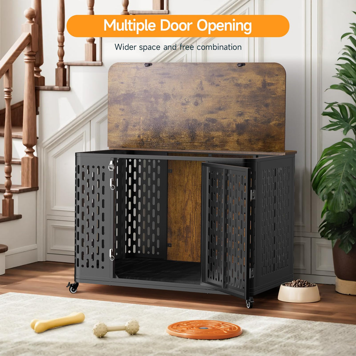 ONBRILL Dog Crate Furniture for Large and Medium Dogs, 43.7 Inch Dog Crate with Cushion & Wheels, Decorative End Table Pet House for Large/Medium/Small Dog, Rustic Brown ONBRILL