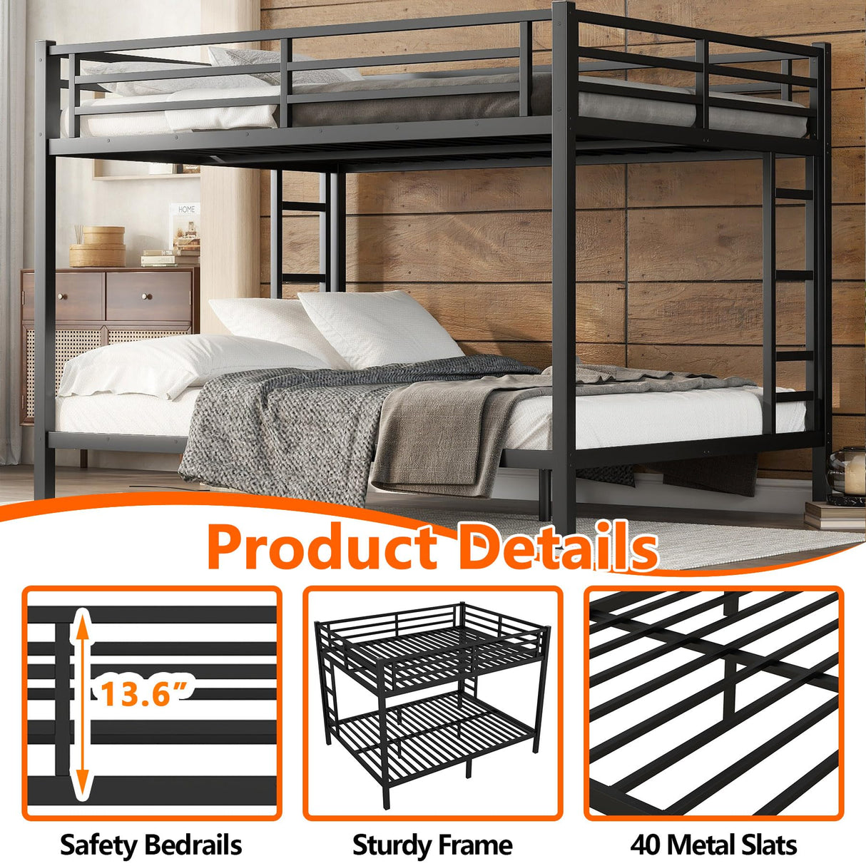 Thctvous Queen Over Queen Bunk Bed,Heavy Duty Metal Bunk Bed Frame for Adults,2 Side Ladder,Guardrail,Space-Saving,Noise Reduced,No Box Spring Needed,Black (Queen Over Queen) Thctvous