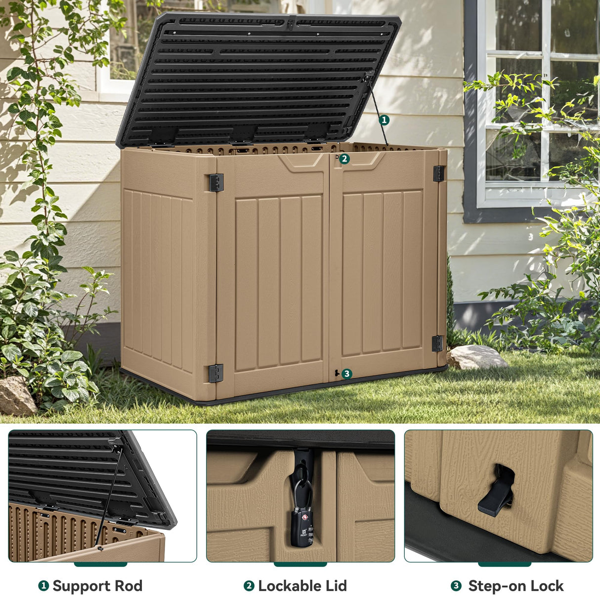 YITAHOME Large Outdoor Horizontal Storage Shed, 47 cu ft Resin Tool Shed w/o Shelf, Outdoor Waterproof Storage with Floor for Trash Cans, Garden Tools, Lawn Mower, Lockable, 4.5x2.8x3.9 ft, Brown YITAHOME