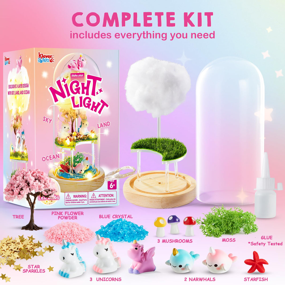 Make Your Own Unicorn Night Light - Birthday Crafts Gifts for Girls Kids, Unicorns Terrarium Kit for Kids, 3-in-1 Unicorn Toys Presents, Arts and Crafts for Girl Aged 6 7 8-12 Klever Kits
