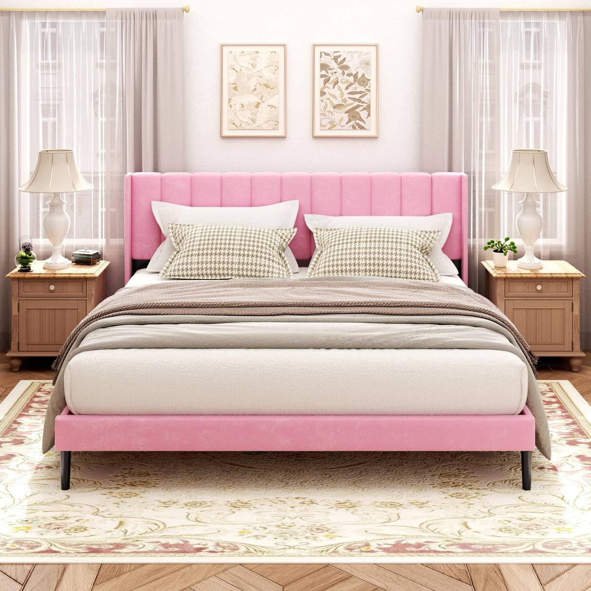 Sismplly King Size Bed Frame and Headboard,Vertical Channel Tufted Wingback No Box Spring Needed, Mattress Foundation, Easy Assembly Pink Sismplly