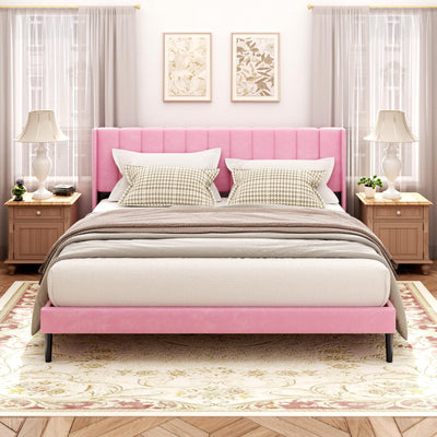 Sismplly King Size Bed Frame and Headboard,Vertical Channel Tufted Wingback No Box Spring Needed, Mattress Foundation, Easy Assembly Pink