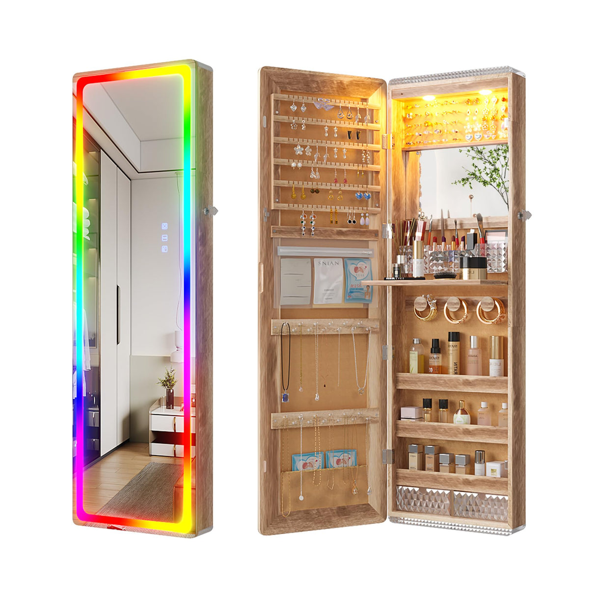HNEBC LED Mirror Jewelry Cabinet with RGB Lights,47.2" Wall Mounted Jewelry Organizer with Full-Length Mirror,Over The Door Hanging Jewelry Armoire Storage Cabinet,Folding Dresser,2 Drawers,Lockable HNEBC