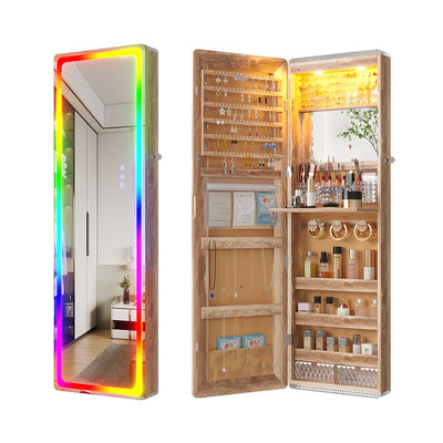 HNEBC LED Mirror Jewelry Cabinet with RGB Lights,47.2" Wall Mounted Jewelry Organizer with Full-Length Mirror,Over The Door Hanging Jewelry Armoire Storage Cabinet,Folding Dresser,2 Drawers,Lockable