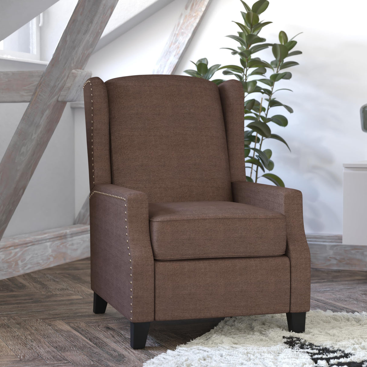 Flash Furniture Prescott Slim Wingback Recliner Chair - Traditional Push Back Recliner - Brown Polyester Fabric with Accent Nail Trim - Pocket Spring Seat Flash Furniture