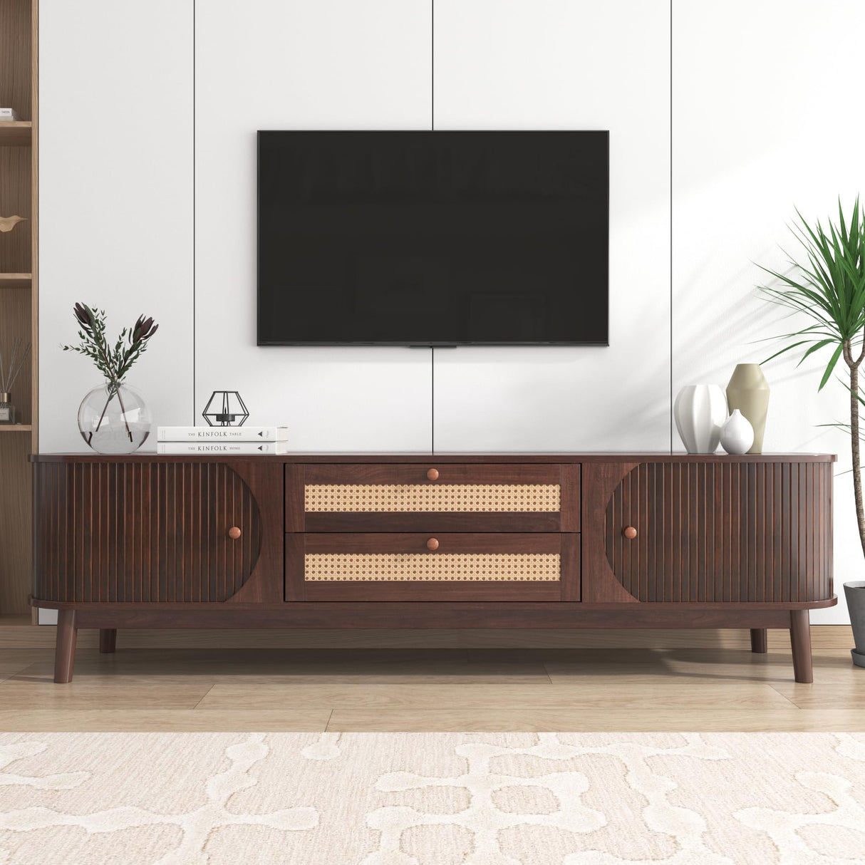 Rattan TV Stand for TVs up to 75'', Farmhouse Media Console with 2 Drawers and Storage Cabinet, Entertainment Center with Solid Wood Legs, TV Cabinet JIVOIT