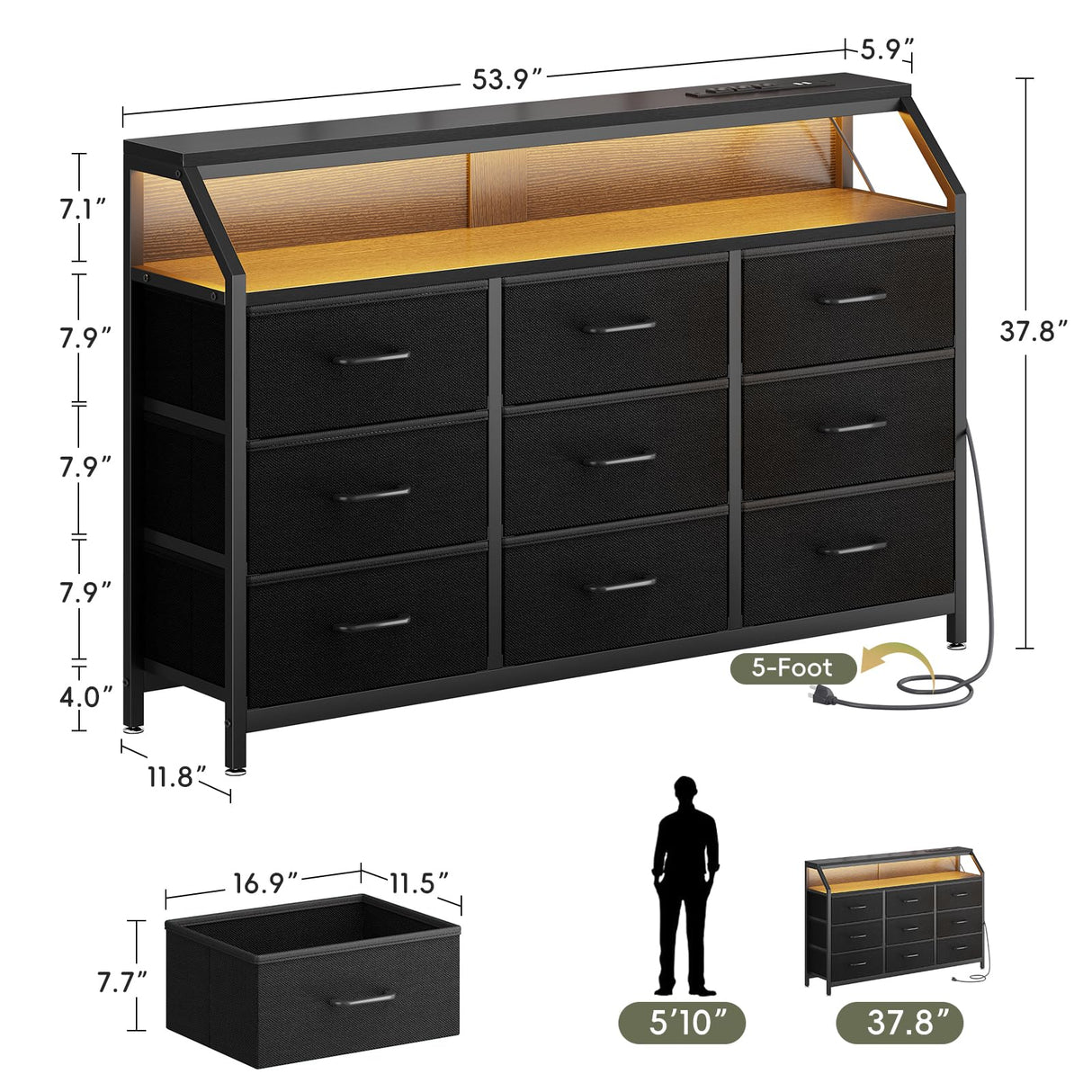 KKL Dresser for Bedroom with LED Lights, 9 Drawer Bedroom Dresser with Charging Station, Fabric Dressers & Storage Chest of Drawers with Shelves for Closet, Sturdy Steel Frame Wooden Top, Black KKL