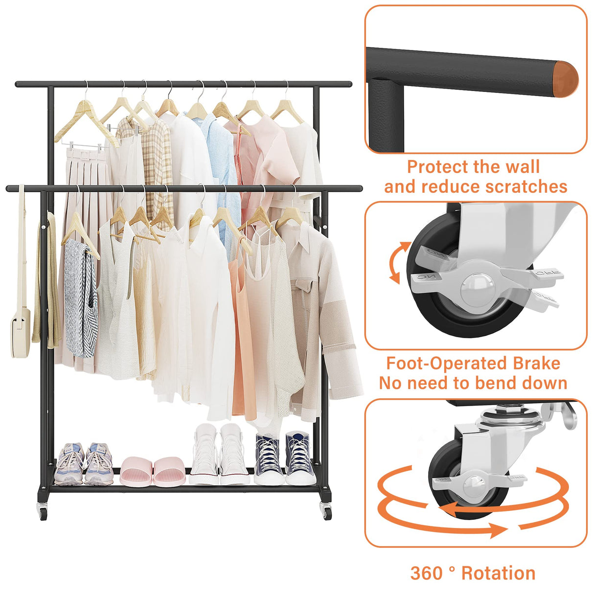 Calmootey Double Rod Clothing Garment Rack,Rolling Hanging Clothes Rack,Portable Clothes Organizer for Bedroom,Living Room,Clothing Store,Black Calmootey