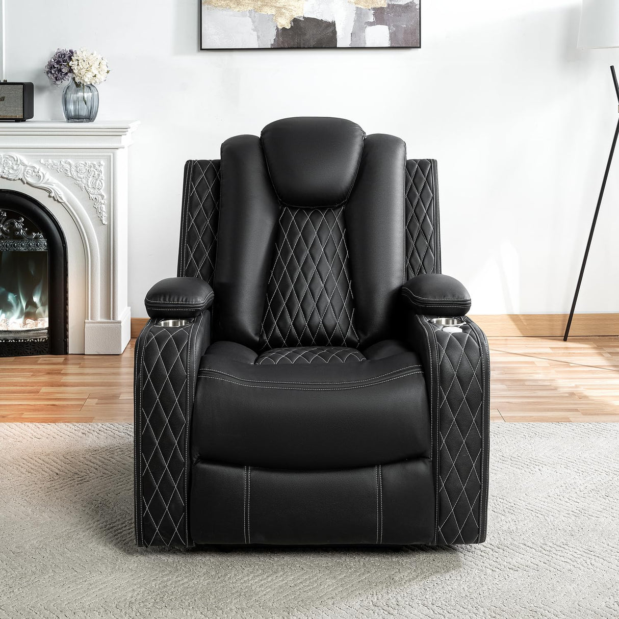 Naomi Home Living Room Furniture Set, Power Reclining Sofa Set, Air Leather Recliners with Built-in USB Ports and Storage Console, LED Reclining Couch Set for Living Room (Black, Loveseat and Chair) Naomi Home