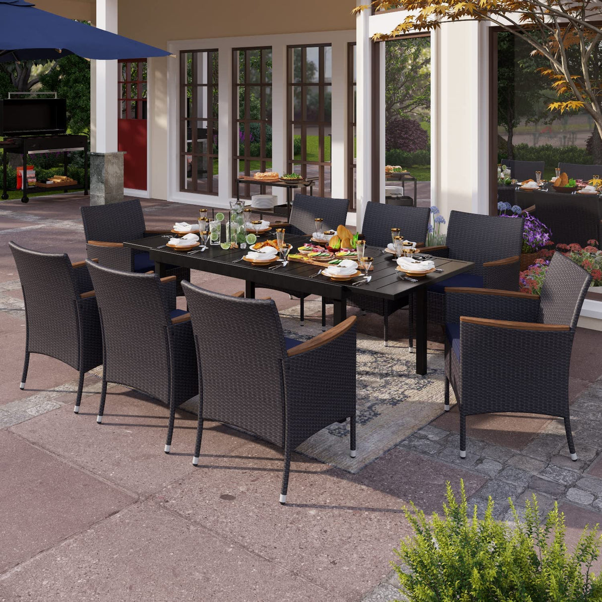 PHI VILLA 9-Piece Outdoor Patio Dining Set for 8, Expandable Rectangular Metal Dining Table & Rattan Cushioned Chairs Furniture Set for Backyard, Deck, PHI VILLA