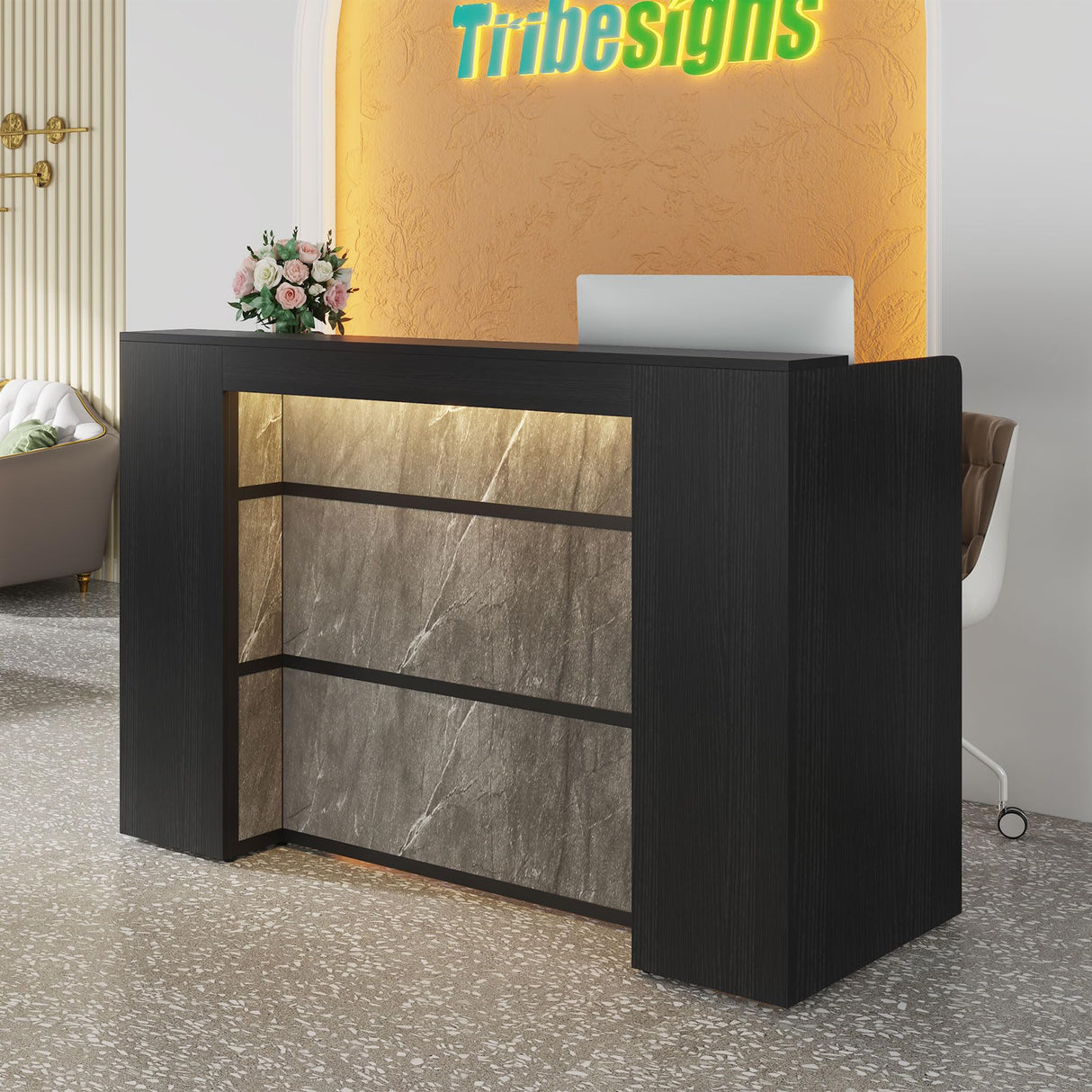 Tribesigns Modern Reception Desk with LED Lights, 63-Inch Front Counter Table for Reception Room, Lobby, Beauty Salon, Retail, Large Checkout Counter for Store Shop Clinic Office (Black&Grey) Tribesigns