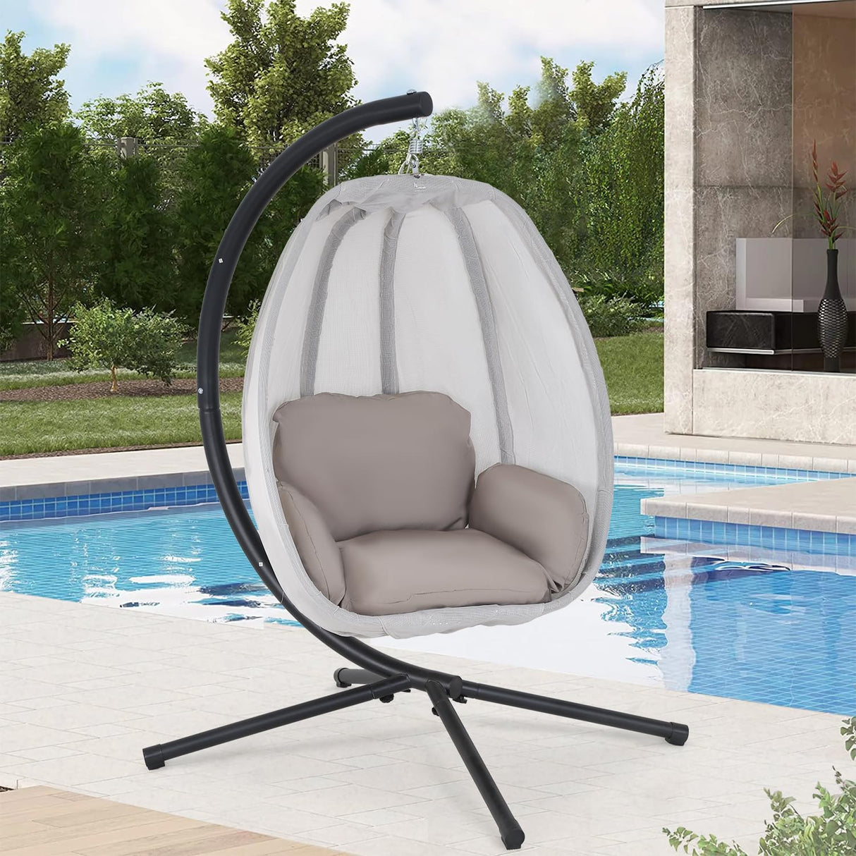 PayLessHere Egg Chair with Comfy Cushions Indoor Outdoor Hanging Chair Sturdy Heavy Duty Hammock Chair with Stand Cushions Breathable Fabric Cover for Patio Bedroom Garden Poolside, Grey PayLessHere
