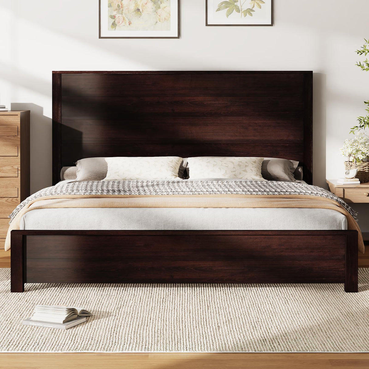 amerlife King Size 51.2" Wood Bed Frame, Rustic Platform Bed with Spliced Headboard, Wood Slats Support/Noiseless/Dark Brown/No Box Spring Needed amerlife