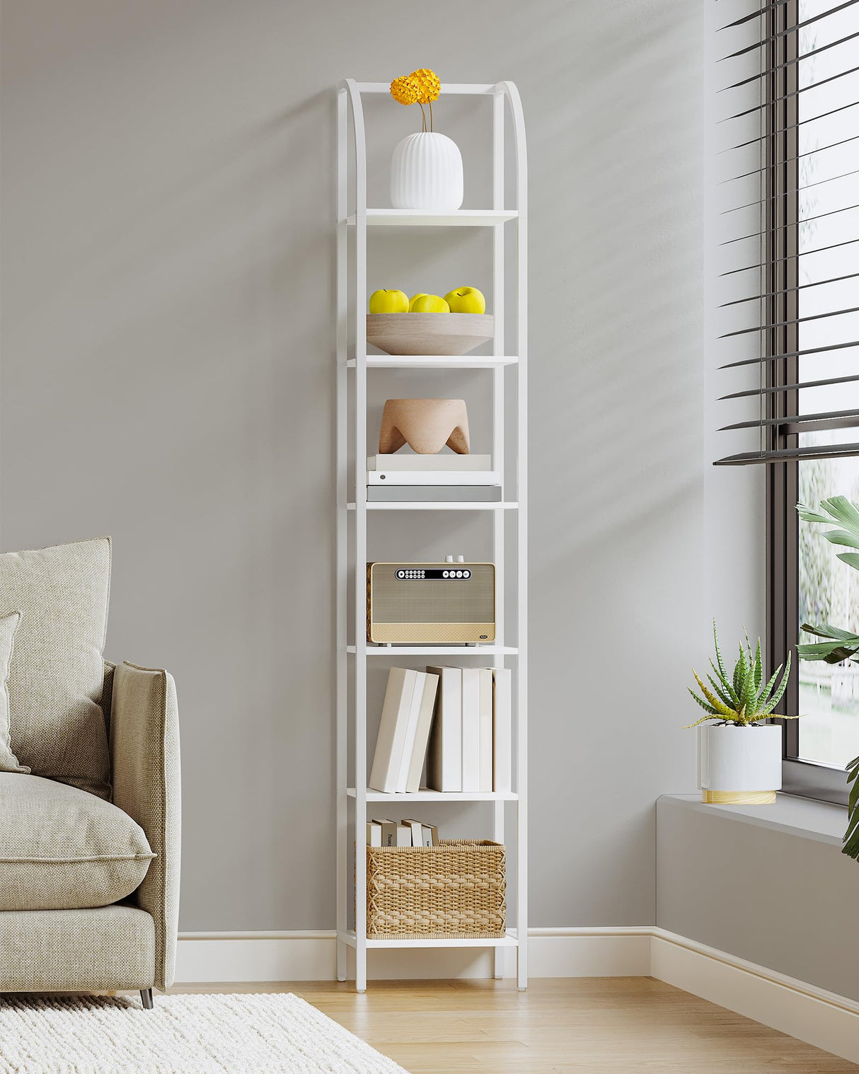 Hzuaneri Bookshelf Narrow Bookcase, Tall Storage Rack with Steel Frame, Display Standing Shelf Unit, Skinny Book Shelf for Study Living Room Home Office, Industrial Style, 6-Tier White BC56013W Hzuaneri