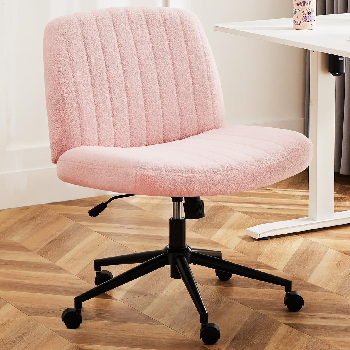 DUMOS Criss Cross Chair with Wheels, Legged Office Armless Wide Desk Seat with Dual-Purpose Base, Adjustable Swivel Teddy Fabric Task Vanity Home Bedroom, Pink DUMOS
