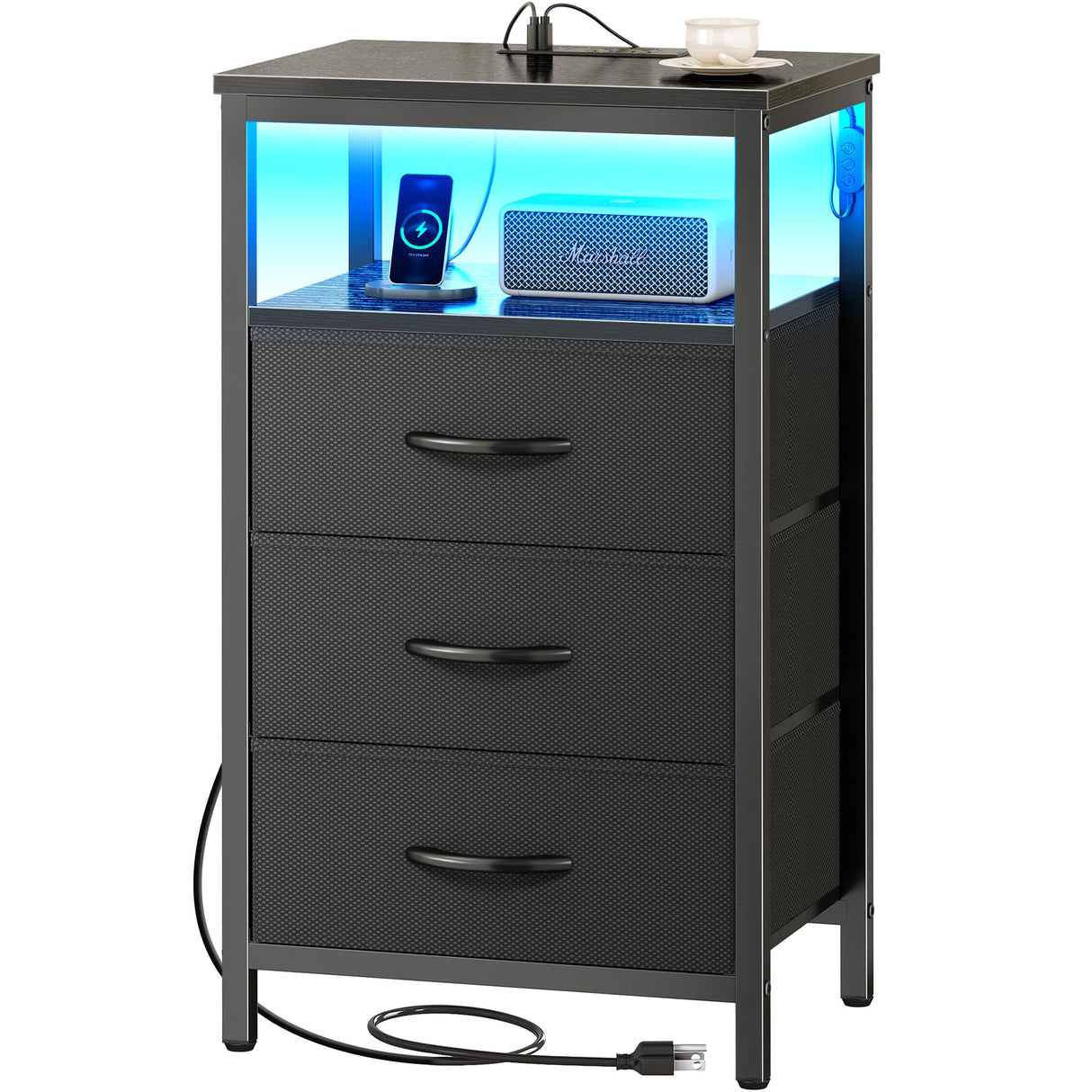 Huuger Night Stand with Charger Station and LED Lights, 3 Drawer Nightstand, Bed Side Table with Open Shelf, End Table, Tall Fabric Dresser for Bedroom, Black Huuger