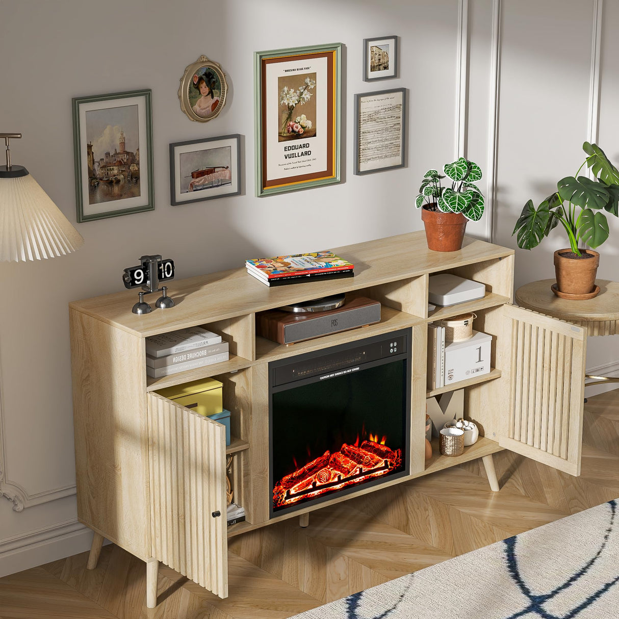 Oubayajia Fireplace TV Stand for Television up to 65 Inch with 23" Electric Fireplace, Fluted TV Stand, Modern Media Console Table with Adjustable Shelves, Entertainment Center for Living Room Oubayajia