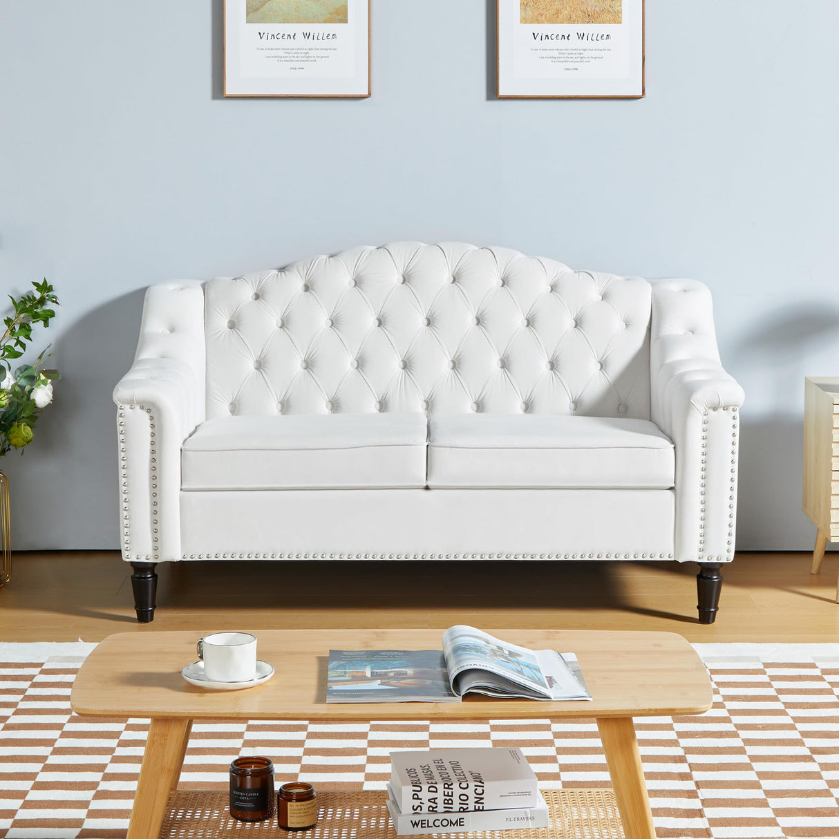 SUJOUCRAFT Chesterfield Camelback Chair & Loveseat, Living Room Soft Fabric Sofa Couch Set, Mid-Century Elegant Sectional Couches with Deep Seat Tufted Backrest (Velvet-Camelback-1+2, White) SUJOUCRAFT
