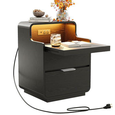 LIKIMIO Nightstand with Charging Station and LED Lights, Night Stand with Pull-Out Shelf, Morden End Table with 2 Drawers, Bedside Table for Bedroom, Black