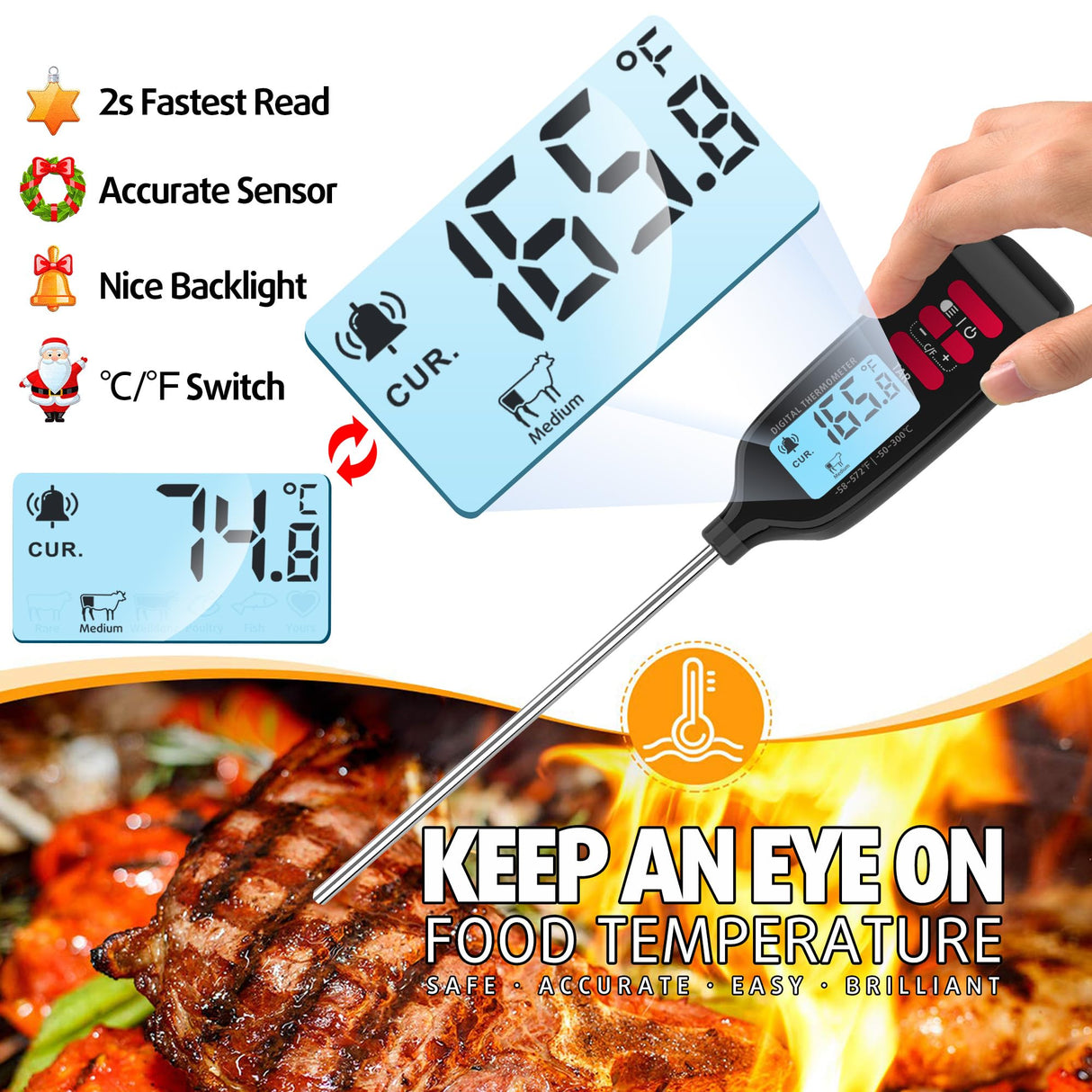 Antonki Digital Meat Thermometer with Backlight, Long Food Temperature Probe Instant Read Food Thermometer for Cooking and Baking, Kitchen, Candy, Grill, BBQ, Oil - Battery Included Antonki