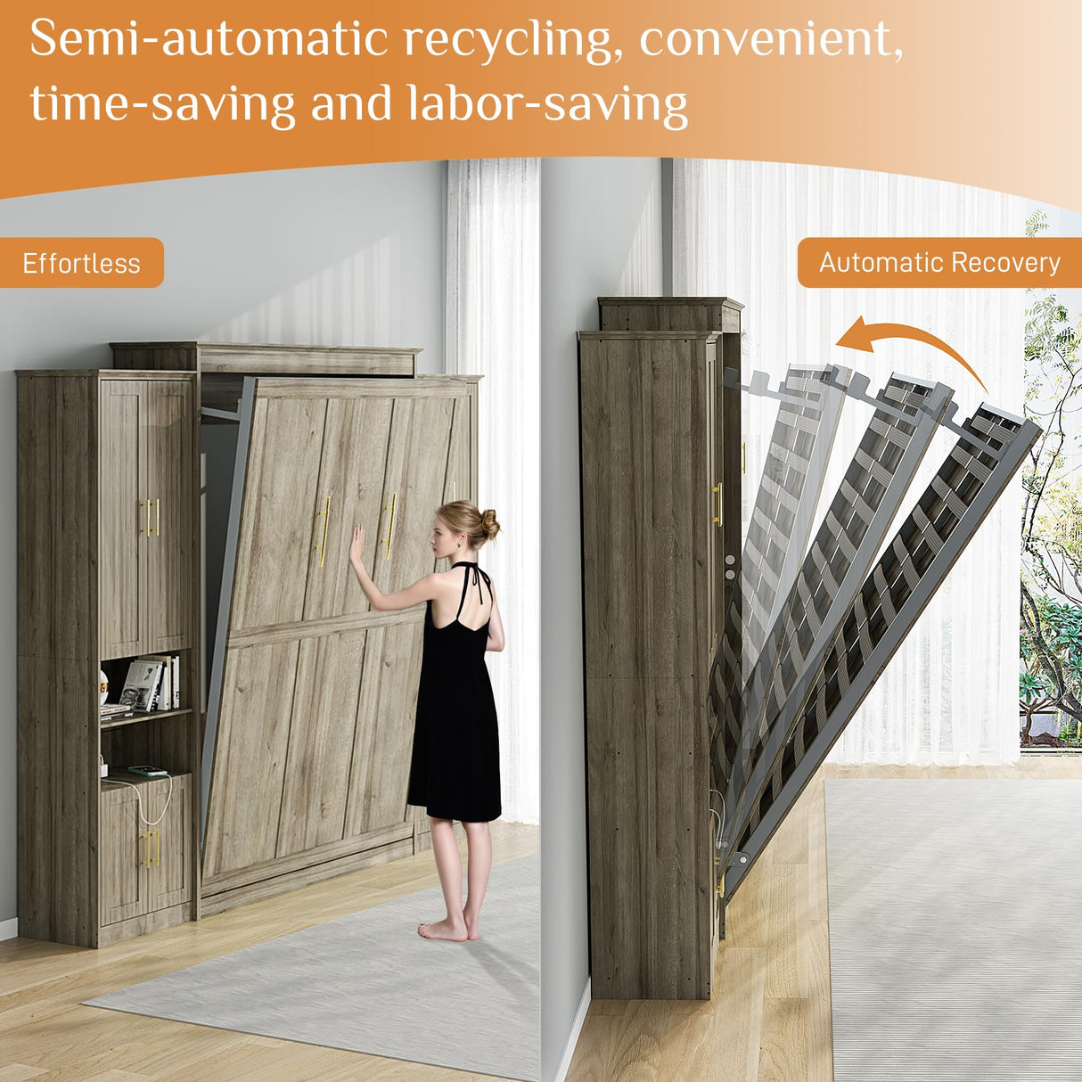 Rophefx Murphy Bed Queen with 2 Side Cabinet Storage Shelves, Queen Wall Bed Cabinet with USB Port, Wood Foldable Platform Bed Frame, Space Saving Beds, Modern Hidden Bed for Guest Room, Home, Grey Rophefx