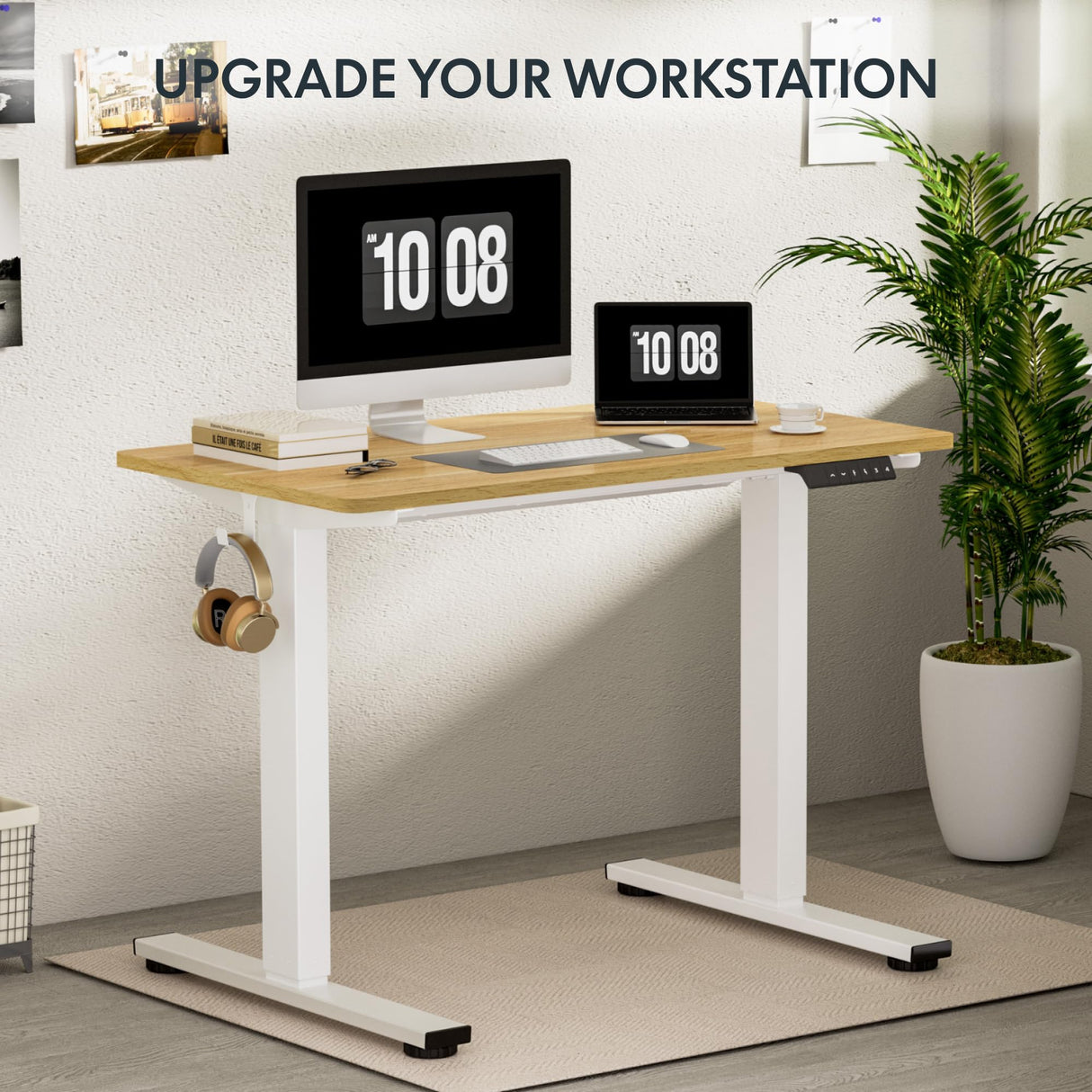 FLEXISPOT EN1 Whole-Piece Standing Desk, 48 x 24 Inches Height Adjustable Desk Stand up Desk Home Office Table for Computer Laptop (White Frame + Maple Desktop) FLEXISPOT