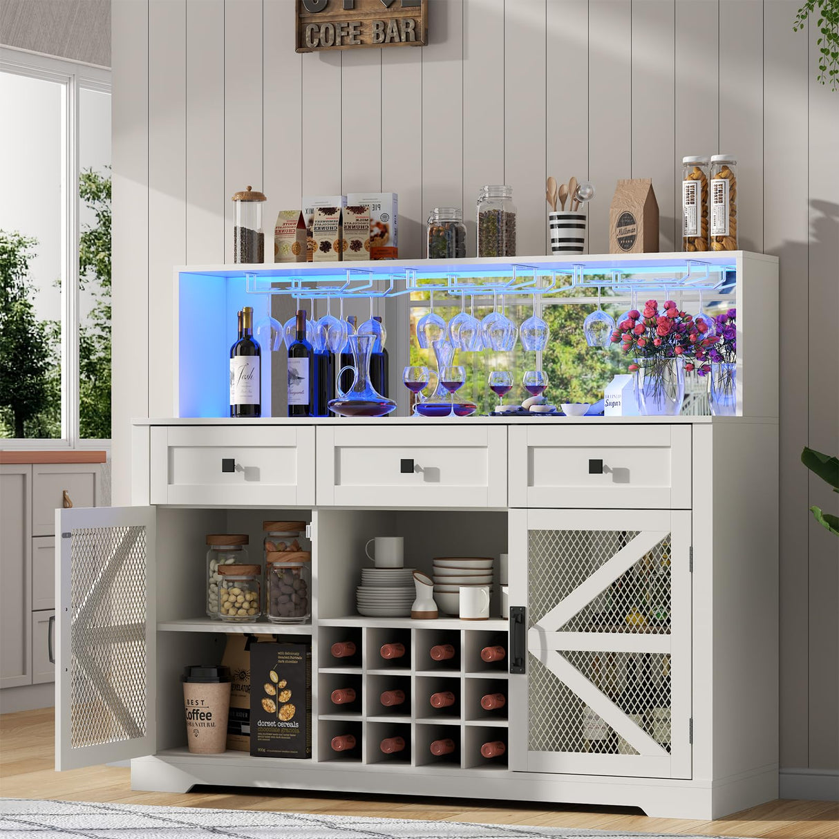 Gyfimoie Farmhouse Wine Bar Cabinet with LED Lights, Kitchen Coffee Bar Cabinet with Acrylic Mirror, Wine & Glass Rack, Storage Shelves and 3 Drawers (Signle Hutch) Gyfimoie