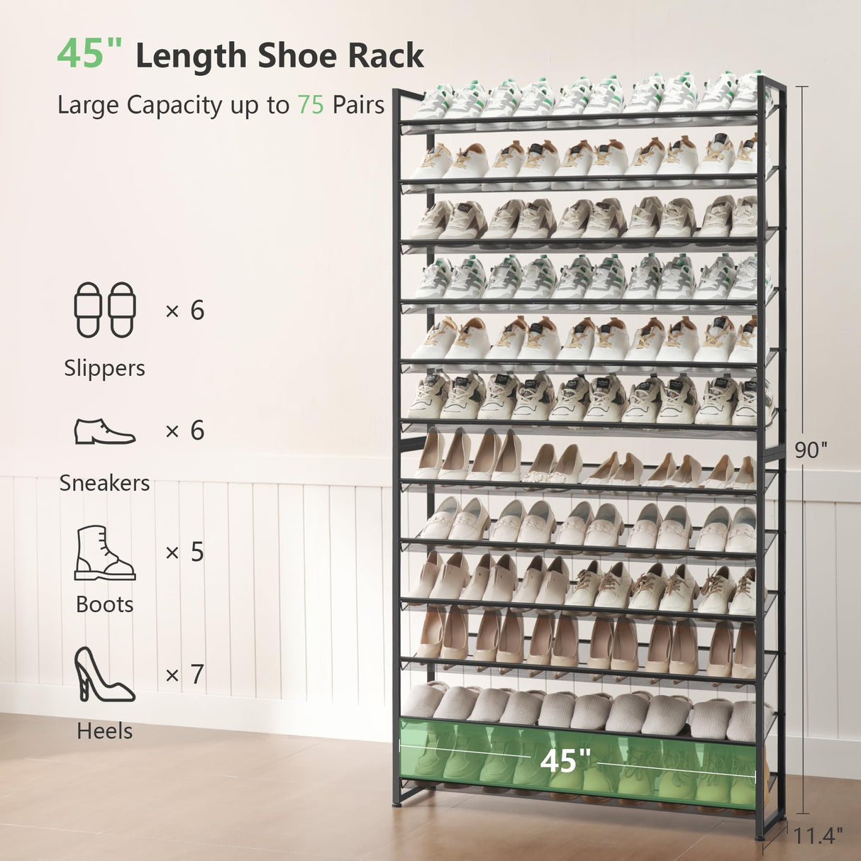 Nunsino Shoe Rack, Long Shoe Organizer,Max Holds 75 Pairs,12 Tier Metal Shoe Storage Shelf,6-Tier Stackable Shoes Organizer for Garage, Entryway,Black Nunsino