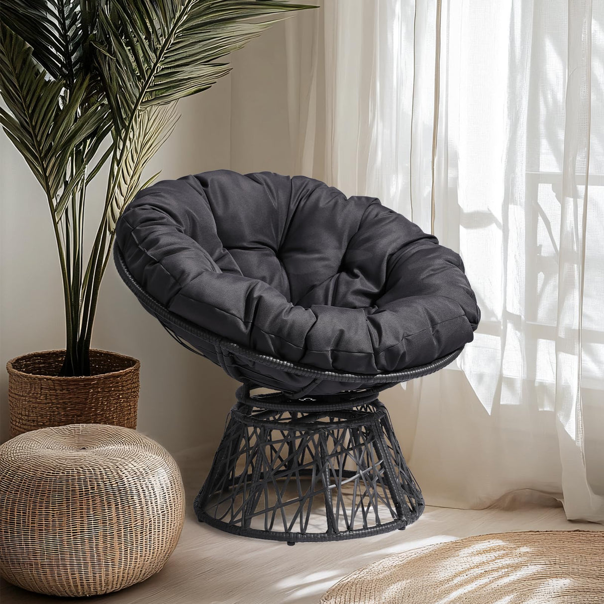 Outvita 40" Swivel Wicker Papasan Chair with Thick Tufted Cushions, High Capacity Frame, 360 Degree Rotatable Chairs for Indoor Outdoor Use, Black Outvita