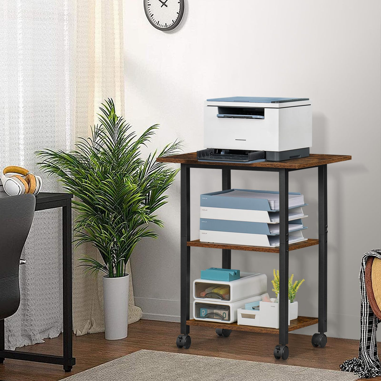 Lerliuo 3-Tier Printer Stand, Industrial Mobile Printer Table with Storage Shelf and Steel Frame, Rolling Printer Cart Holder with Lockable Wheels for Home, Office (Brown) Lerliuo