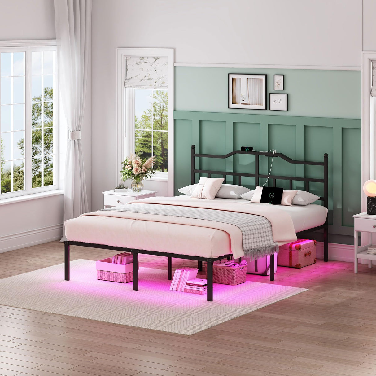 YORMDMO King Bed Frame with LED Lights, 14 inch Metal Bedframe with Headboard, Outlets & USB, Heavy Duty Basic Steel Slats Platform, Noise Free, No Box Spring Needed YORMDMO