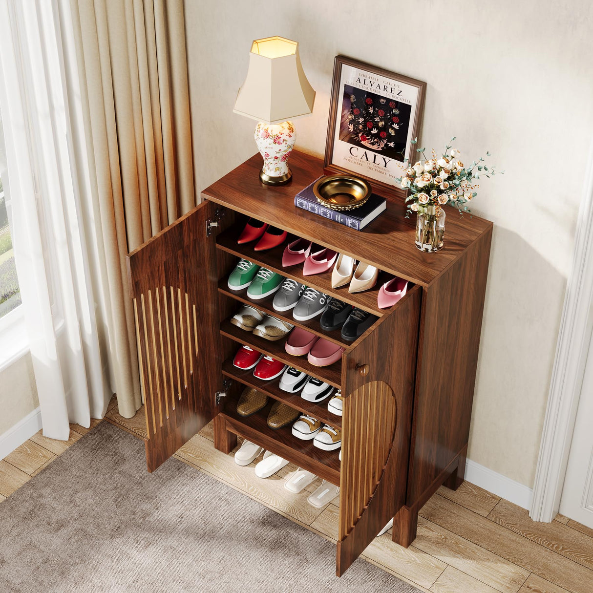 Tribesigns 5-Tier Shoe Cabinet with Round Louvered Doors, 20 Pairs Farmhouse Shoe Storage Cabinet with Adjustable Shelves, Freestanding Shoe Rack Organizer for Entryway, Hallway, Living Room, Brown Tribesigns