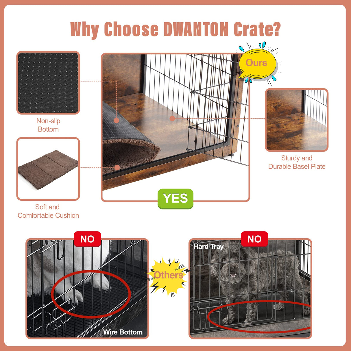 DWANTON Dog Crate Furniture with Cushion, Wooden Dog Crate Table, Double Doors Dog Furniture, Indoor Dog Kennel, Dog House, Dog Cage Large, 38.5" L, Rustic Brown Dwanton