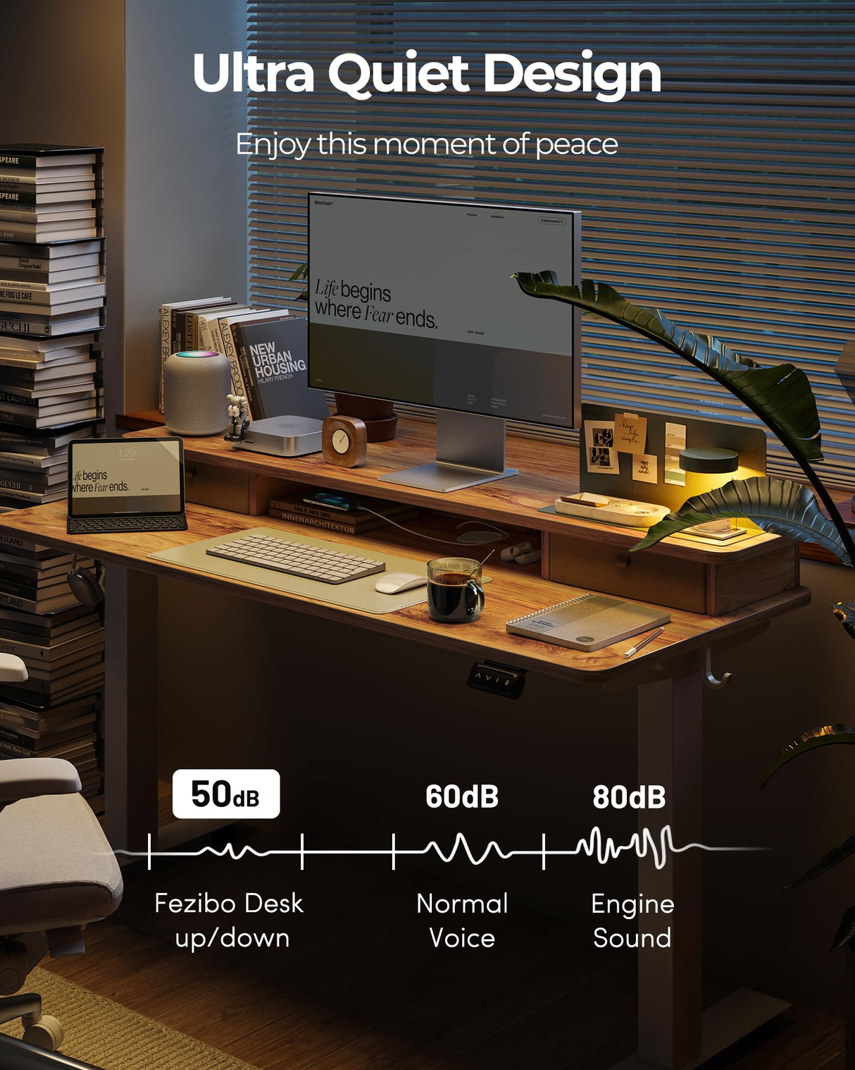 FEZIBO 55 x 24 Inch Height Adjustable Electric Standing Desk with Double Drawer, Stand Up Desk with Storage Shelf, Light Rustic FEZIBO