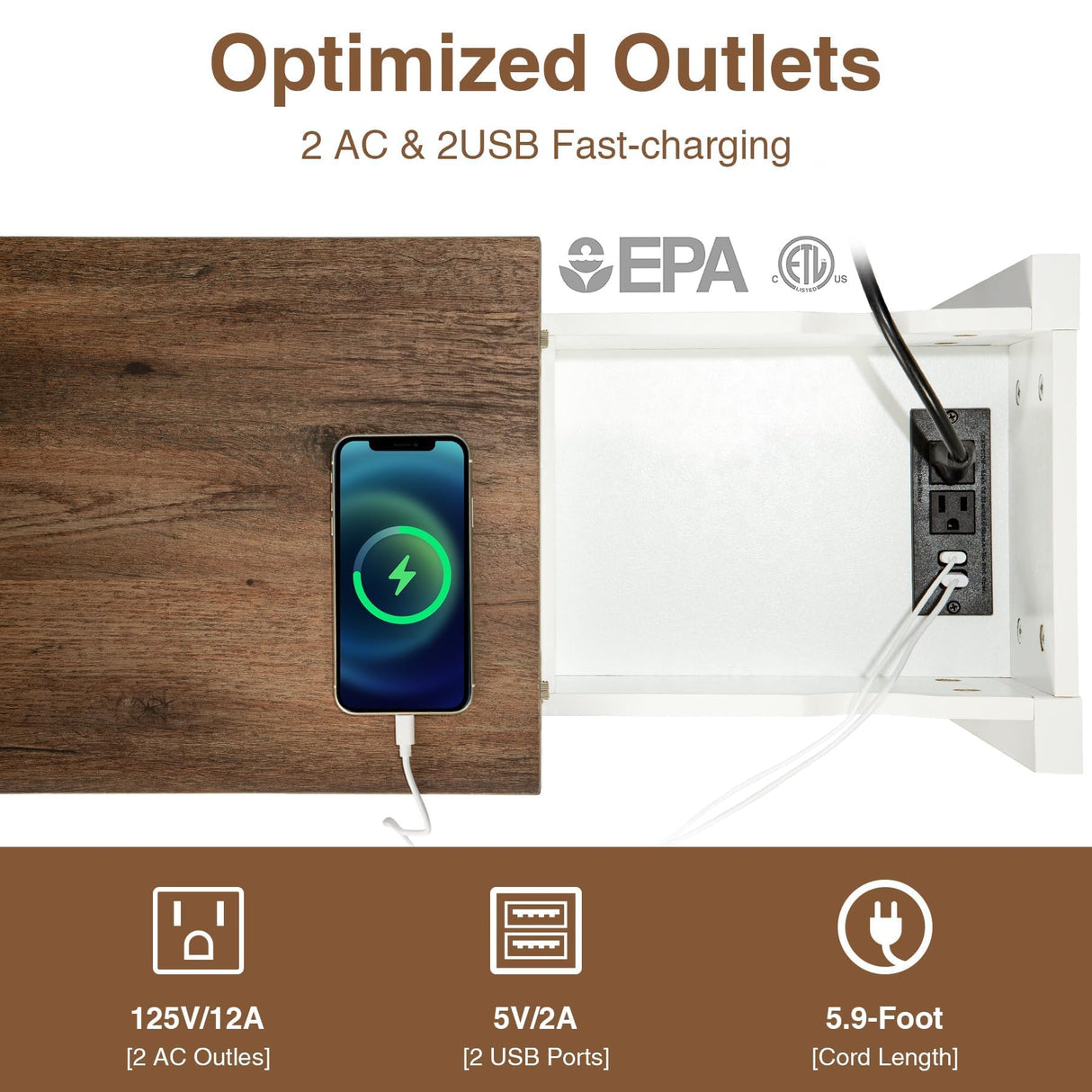 Awescuti Narrow End Table with Charging Station - Farmhouse Slim Side Table Set of 2, w/USB Ports Power Outlets, Nightstand w/Flip Top Storage Drawer, for Small Spaces Living Room Bedroom, Brown White Awescuti