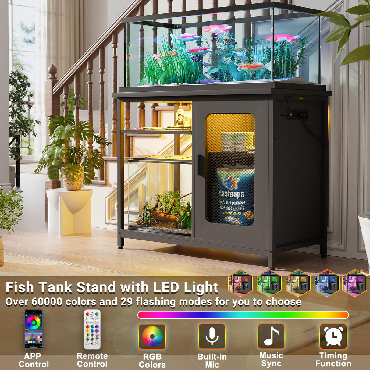 Unikito 20-29 Gallon Fish Tank Stand with Power Outlets & LED Light, Reversible Metal Aquarium Stand with Cabinet for Fish Tank Accessories Storage, Suitable for Reptile Terrarium, Turtle Tank, Black Unikito
