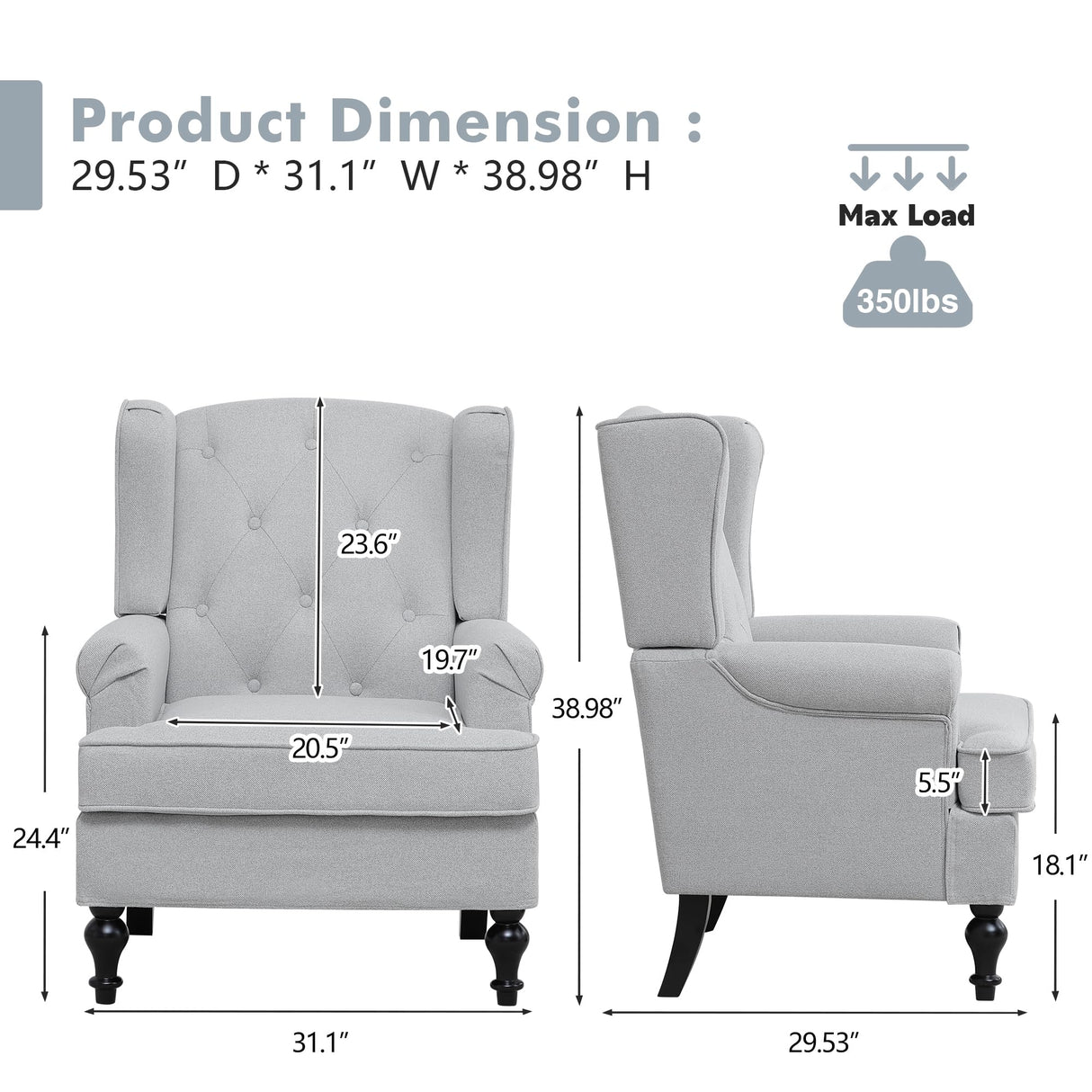choairy Accent Chair for Living Room, Mid Century Modern Wingback Chair, Upholstered Fabric Armchair with High Back and Vintage Legs, Comfy Single Sofa Side Reading Chairs for Bedroom, Light Grey choairy
