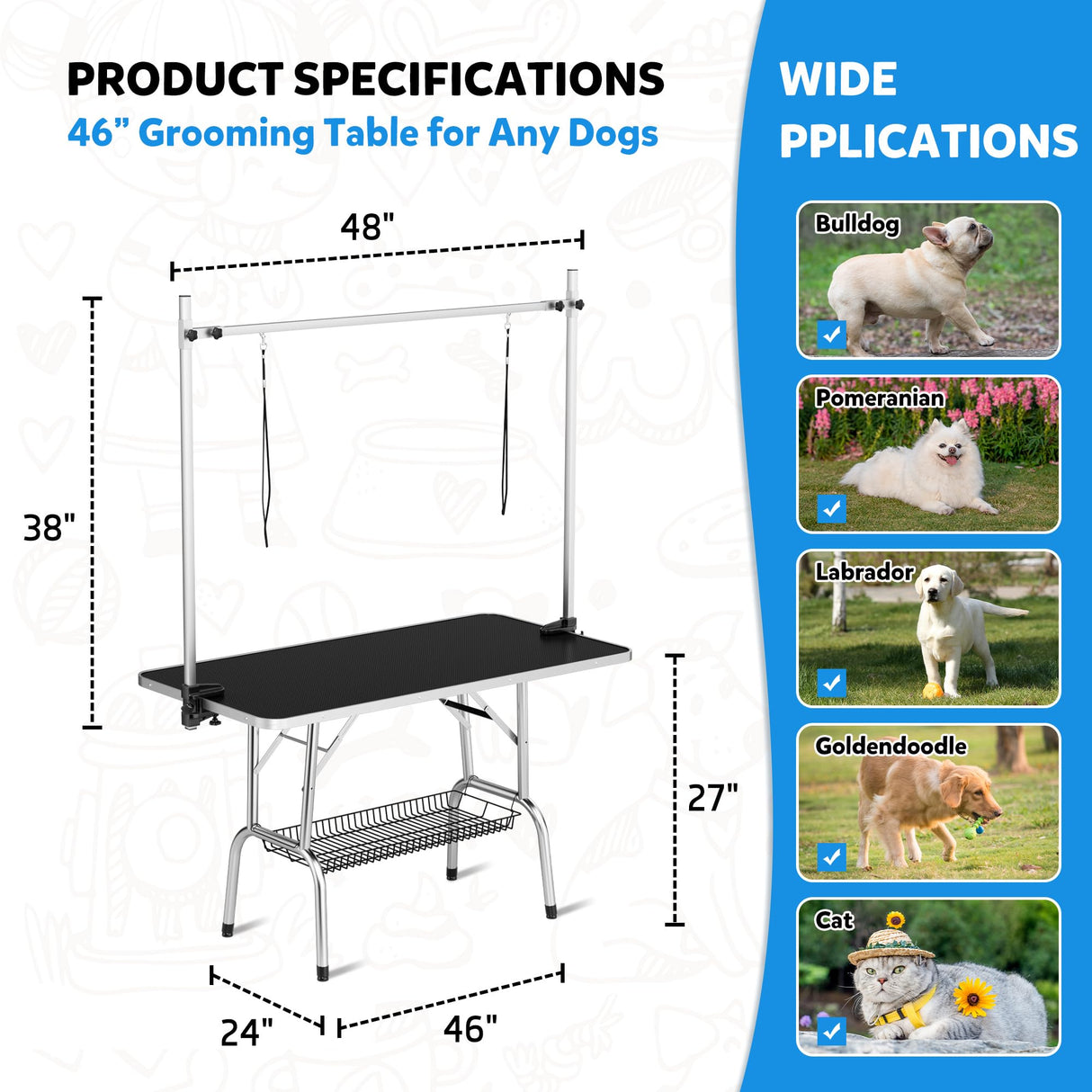 Polar Aurora 46'' Pet Dog Grooming Table,Adjustable Height Heavy Duty Professional Stainless Steel Grooming Table for Dogs at Home for Medium Large Dogs w/H-Shape Arm,2 Nooses,Mesh Tray Polar Aurora