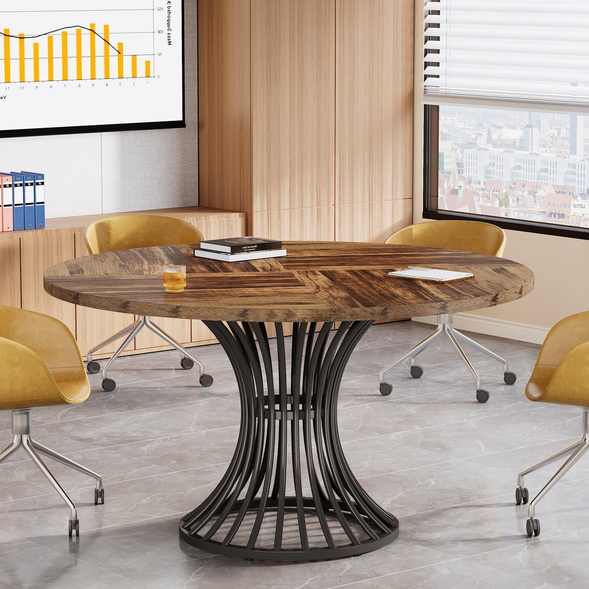 Tribesigns Round Conference Table for 4-6, 47-Inch Conference Room Table with Thickened Tabletop and Metal Base, Industrial Meeting Table for Office Meeting Room, Rustic Brown Tribesigns