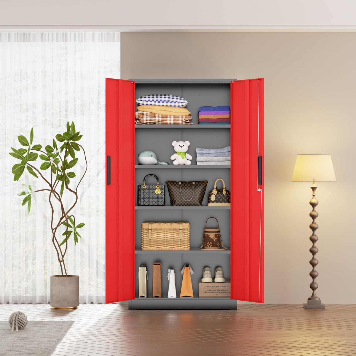 Bonusall 72" Metal Garage Storage Cabinet, 2 Locking Doors & 4 Adjustable Shelves Tall Storage, Heavy Duty Steel Tool Cabinet for Home, Office, Warehouse, School (Black Red) Bonusall