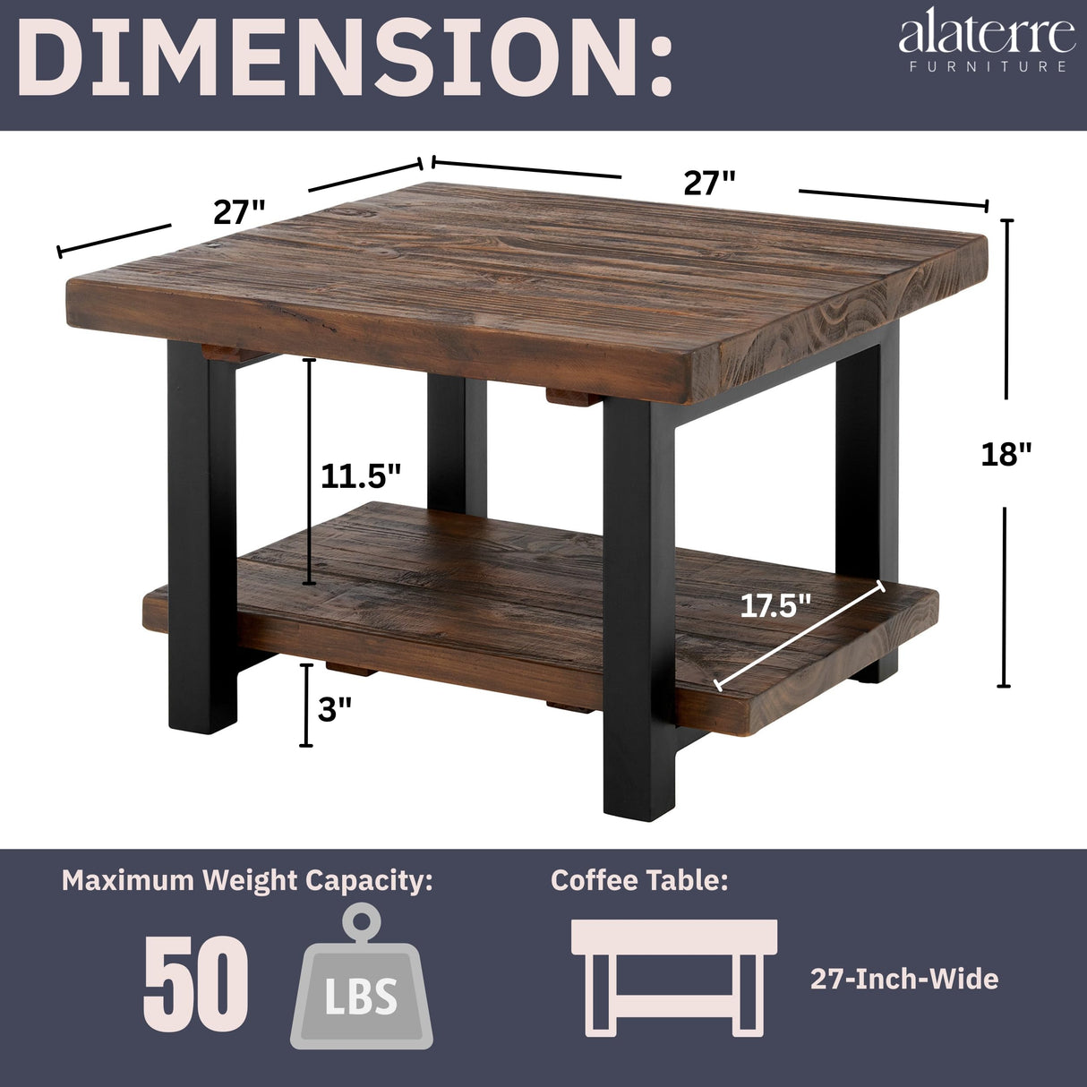 Pomona 27-Inch Rustic Square Coffee Table – Solid Pine Wood with Natural Weathered Finish and Industrial Metal Legs – Small Space Living Room Accent by Alaterre Furniture Alaterre Furniture