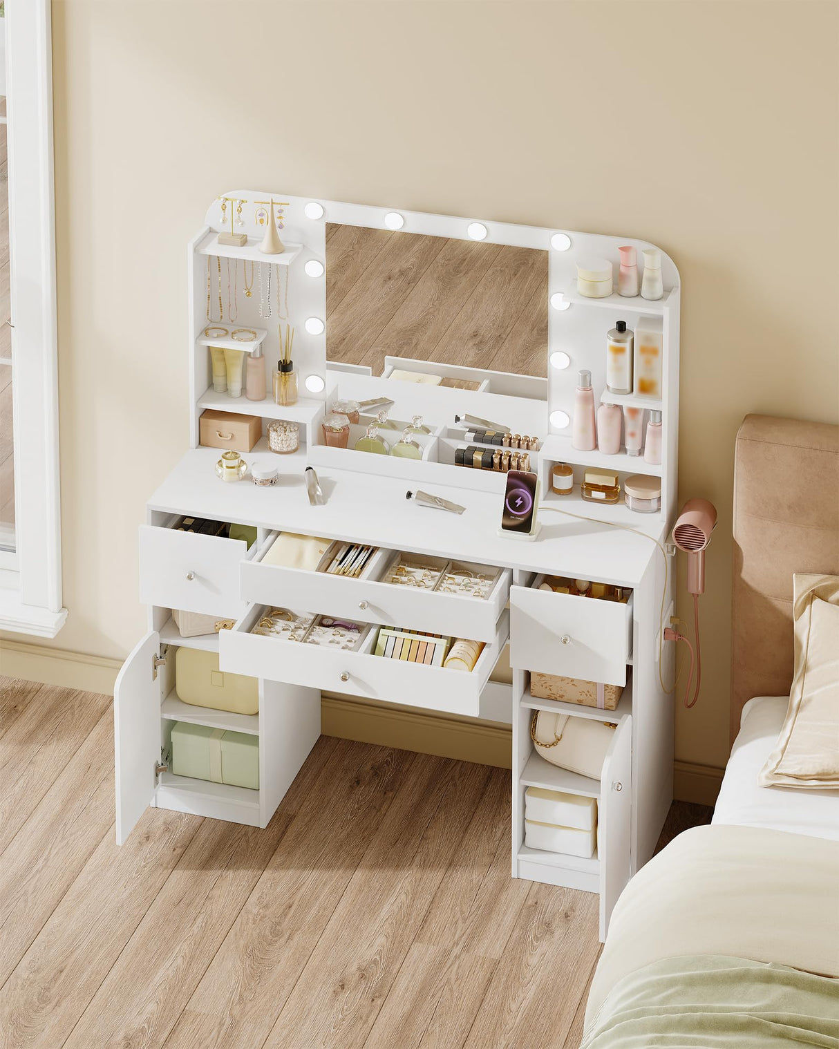 HEXCELEN 42.5" Large Vanity Desk,Dressing Table with Mirror and LED Light, Power Strip, 4 Drawers, 2 Open Storage Cabinets, and Jewelry Storage for Bedrooms, White HEXCELEN