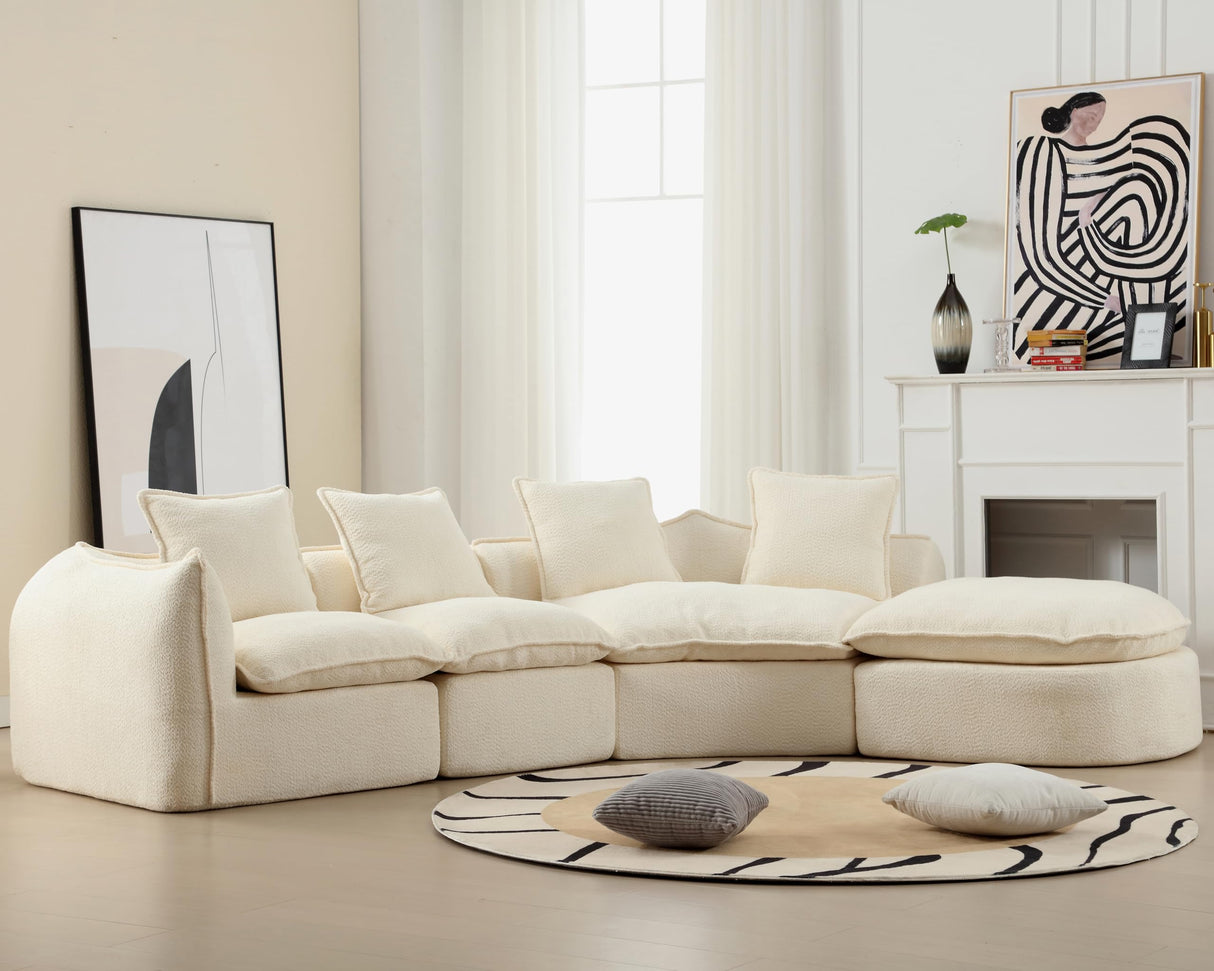 137.8” Curved Boucle Sofa Couch, Modern Sectional Sofa Cloud Deep Seat Couch with 4 Pillows, Comfy Modular 5-Seat Couches for Living Room Apartment (Beige) Haplized