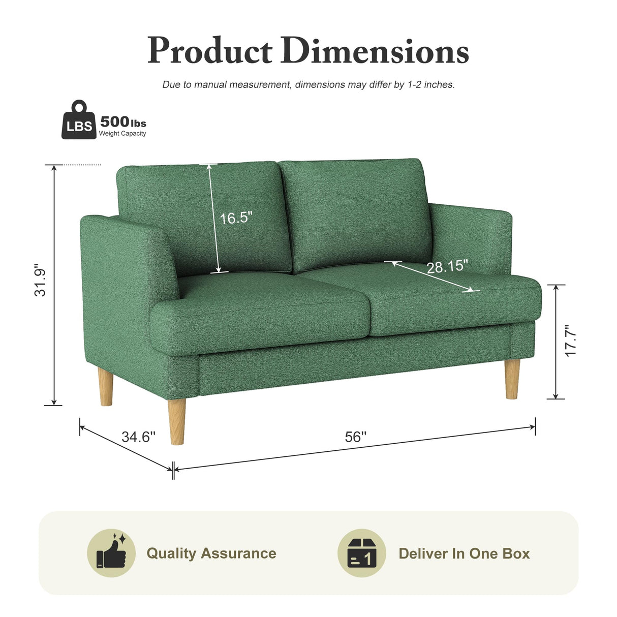 Busaurus Loveseat Sofa 56", Small Couches for Small Spaces Love Seat with 2-Seat Upholstered Cushion, Mid Century Modern Sofa Couches for Living Room, Deep Couch for Bedroom, Apartment, Green Busaurus