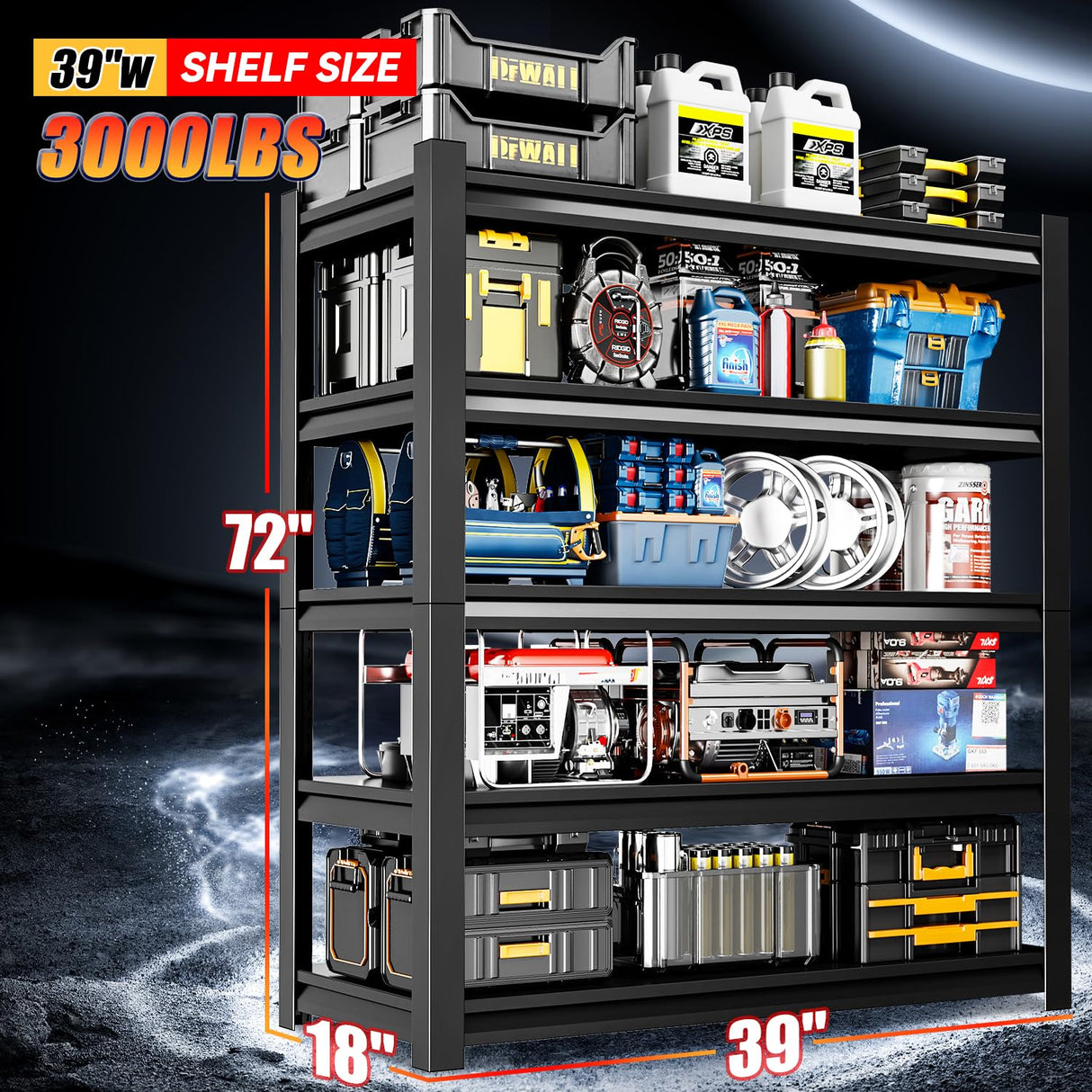 Welfiya 39" W Garage Shelving,5-Tier Heavy Duty Shelving Unit,3000LBS Adjustable Metal Storage Shelves,Storage Rack Units for Industrie,Shed,Warehouse,Basement,Black,39" W x 18" D x 72" H Welfiya